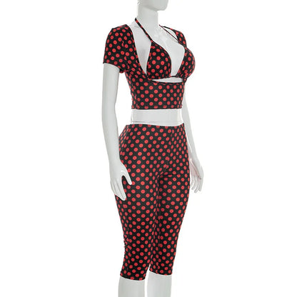 FAGADOER Sexy Woman 3 Piece Set Outfit Polka Dot Print Patchwork Short Sleeve Crop Top and Pants Matching Female Streetwear New