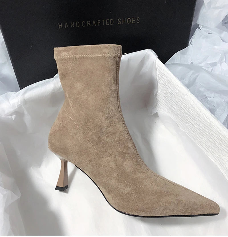 Pointed Toe Women Sock Short Boots Fashion Side Zippers Slim Ankle Booties Thin High Heel Autumn Winter Ladies Shoes