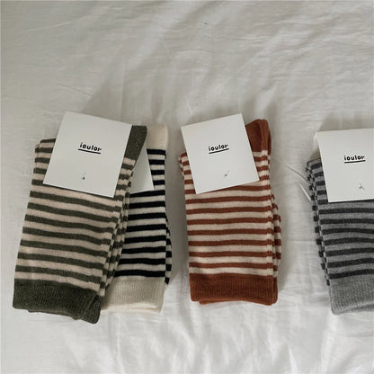 Korean Simple Colored Striped Cotton Socks Women’s Autumn Winter Breathable Middle Tube Socks College Style Trendy Casual Socks
