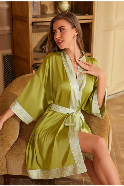 Navy Blue Print Flower Robe Nightgown Silk Satin Female Sleepwear Nightdress Spring Summer Loose Kimono Bathrobe Gown Home Wear