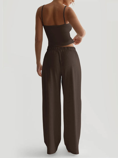 2026 Women's Summer Leisure Pants Outfits Fashion Solid Halter Tie-Up Backless Tank Tops Wide-Leg Pants 2 Pieces Set Streetwear