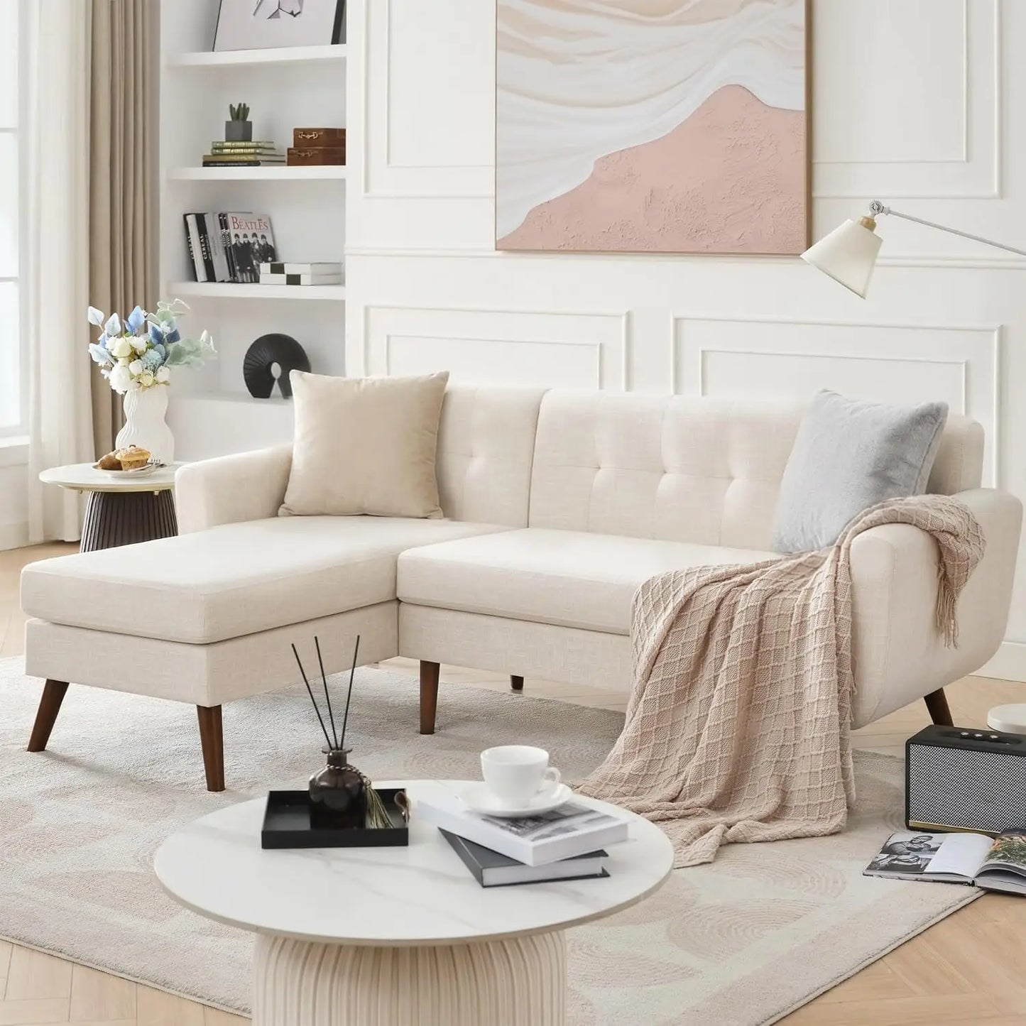 L Shaped Couch Sofa, 80" W Mid-Century Modern Sectional Couches, 3 Seater Sofas with Wide Chaise Lounge, Button, Customized