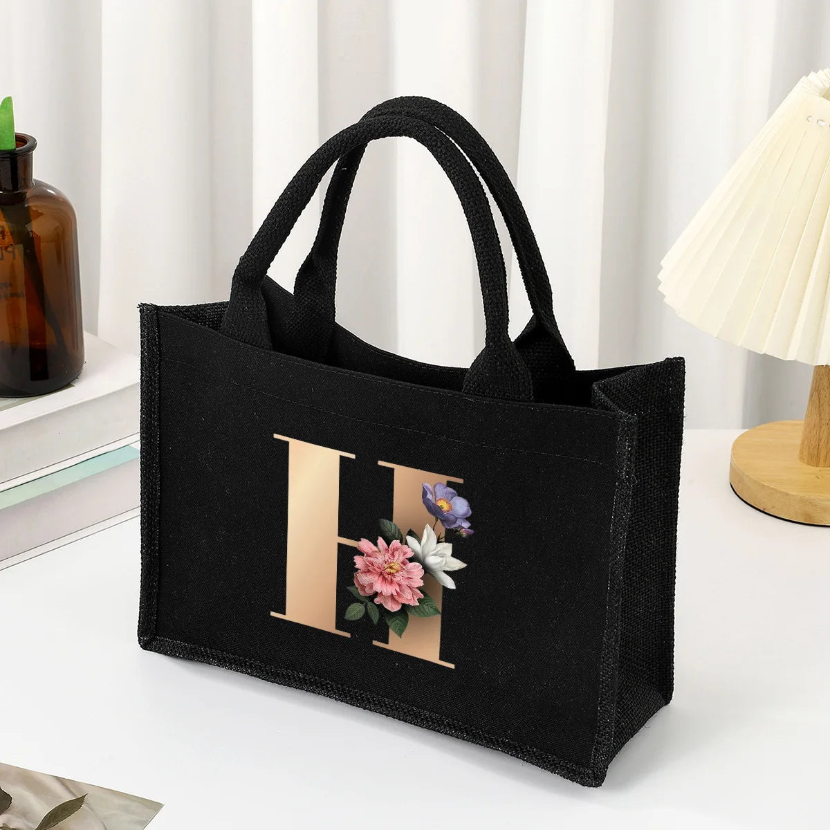 Black hand-held canvas bag, 26 letter printed women's handbag, large capacity portable leisure beach bag, indoor waterproof