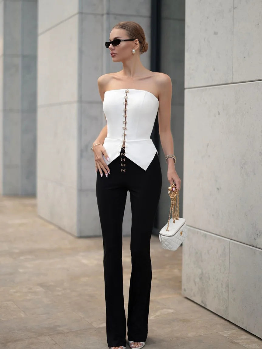 Bornladies Women's White Strapless Top Summer New Fashion Office Lady Metal Buckle Sleeveless Top Female Sexy Slim Fit Vest