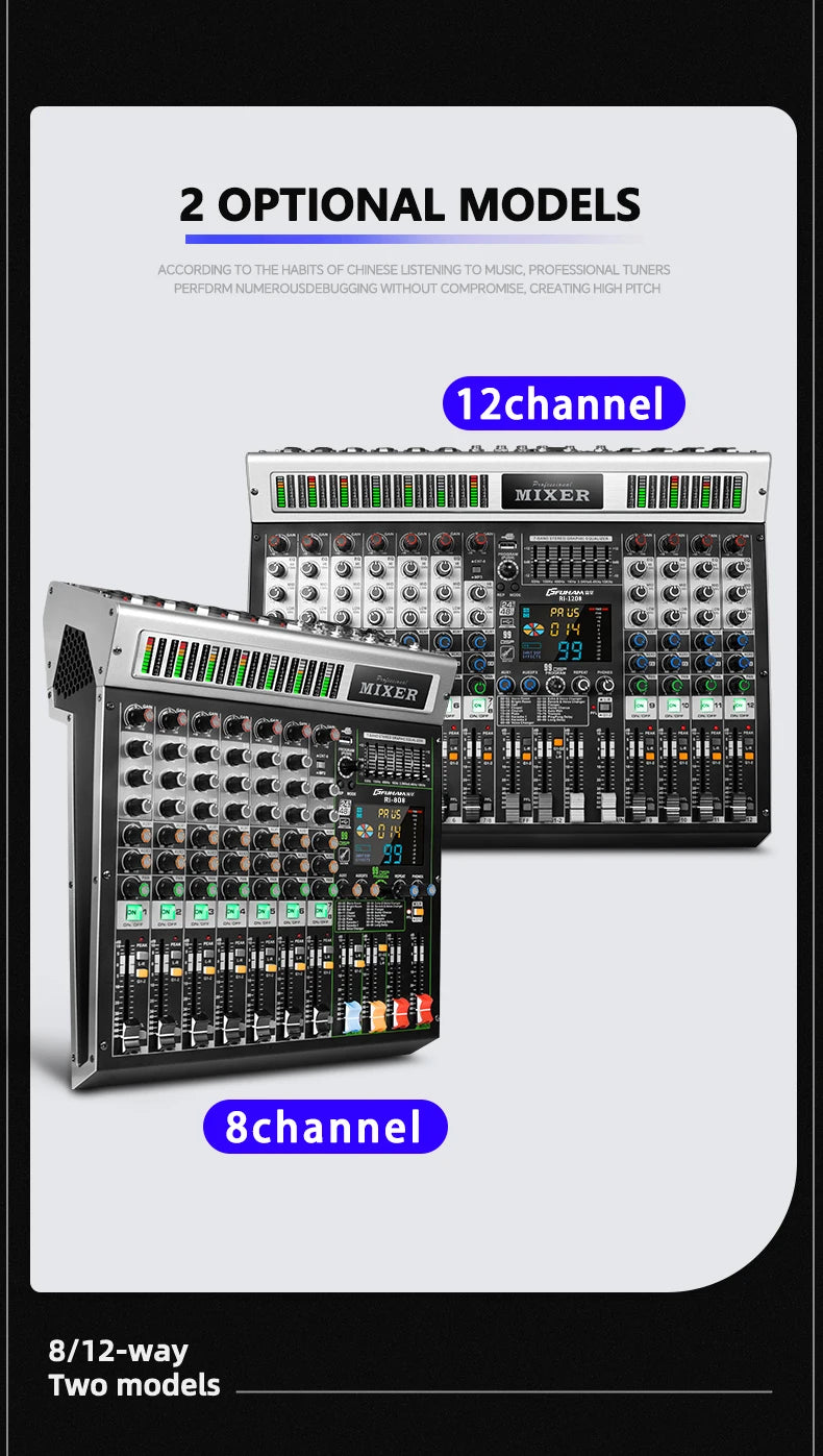FUHAM RI808/1208 Professional 8/12 Channel 99DSP Mixer 48V Phantom Power USB Recording Studio Karaoke Bluetooth DJ Console Mixer