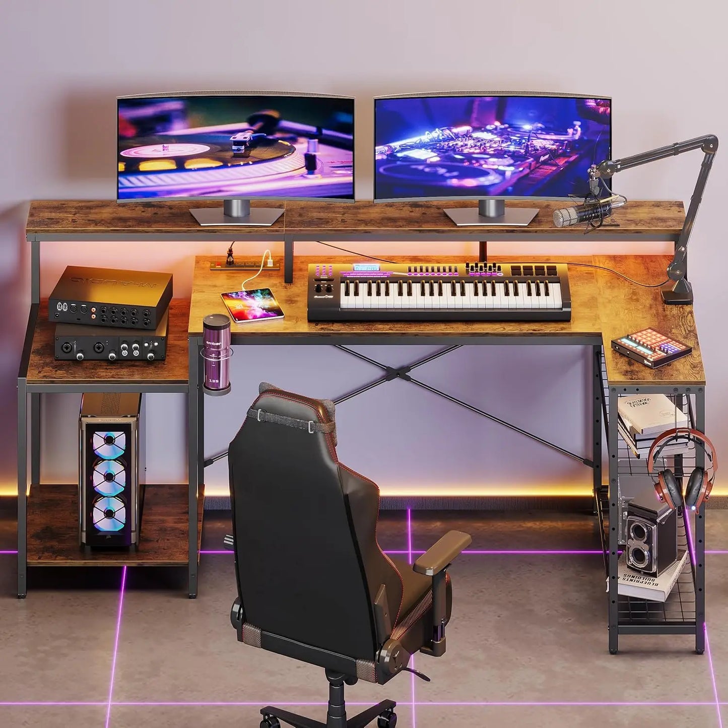 71.5 inch Computer Desk with Power Outlets, LED Large Home Office Desk with Monitor Stand, L Shaped Corner Desk, Customized