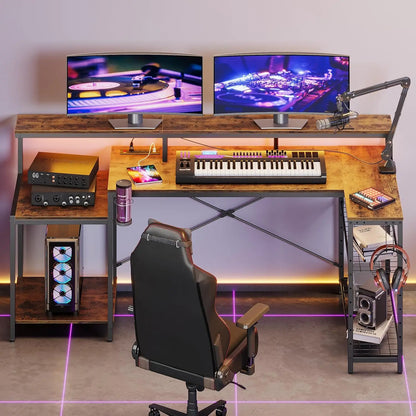 71.5 inch Computer Desk with Power Outlets, LED Large Home Office Desk with Monitor Stand, L Shaped Corner Desk, Customized