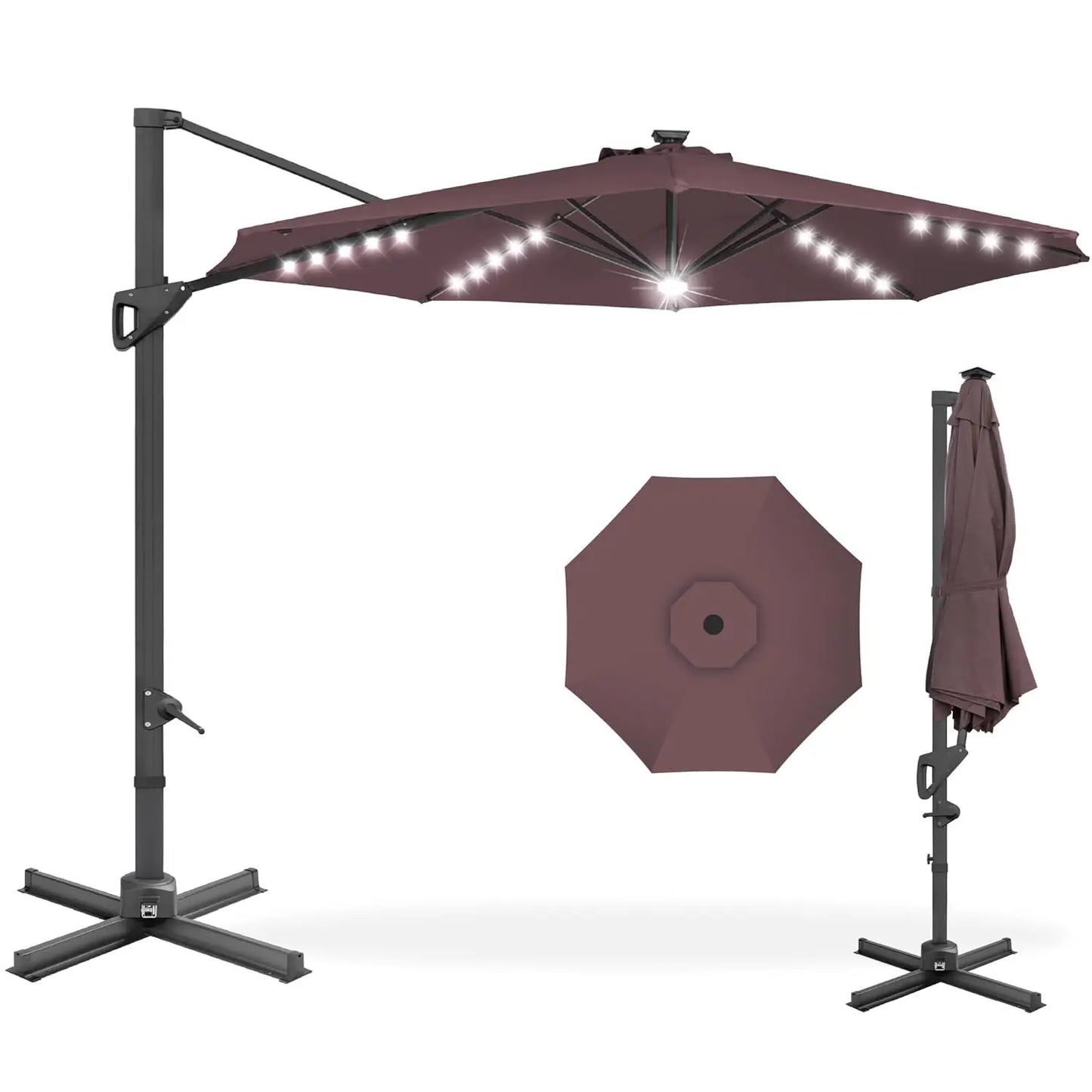 10ft Solar LED Cantilever Patio Umbrella, 360-Degree Rotation Hanging Offset Market Outdoor Sun Shade for Backyard,, Customized