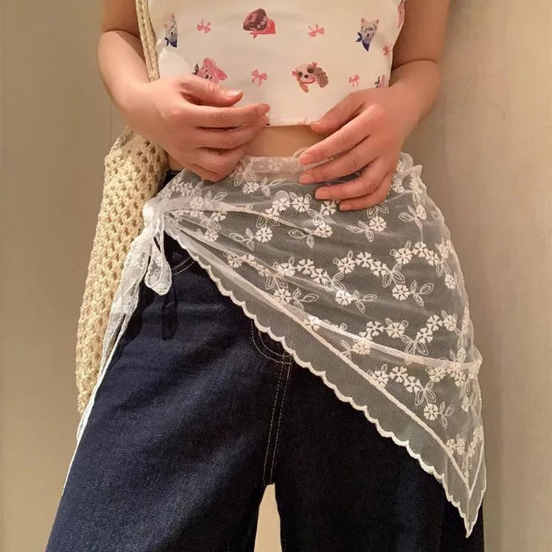 French Lace Up Short Fart Curtain Skirt Spring Layered Skirt INS Women Wrap Skirt Bandage Dress Apron Curtain Expansion Skirt