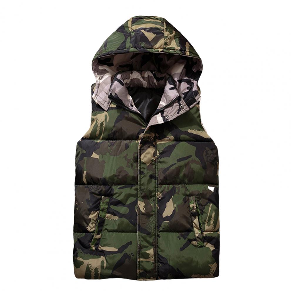 Winter Men Waistcoat Camouflage Thickened Cotton Padded Windproof Zipper Hooded Vest Coat for Daily Wear