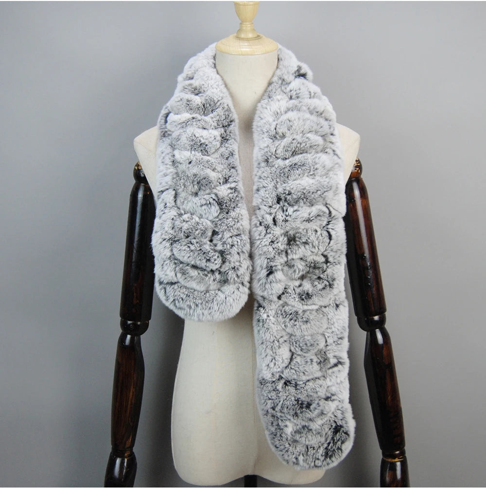 Winter Women Knitted Real Rex Rabbit Fur Scarf Natural Soft Long Style Rex Rabbit Fur Muffler Lady Warm 100% Genuine Fur Scarves