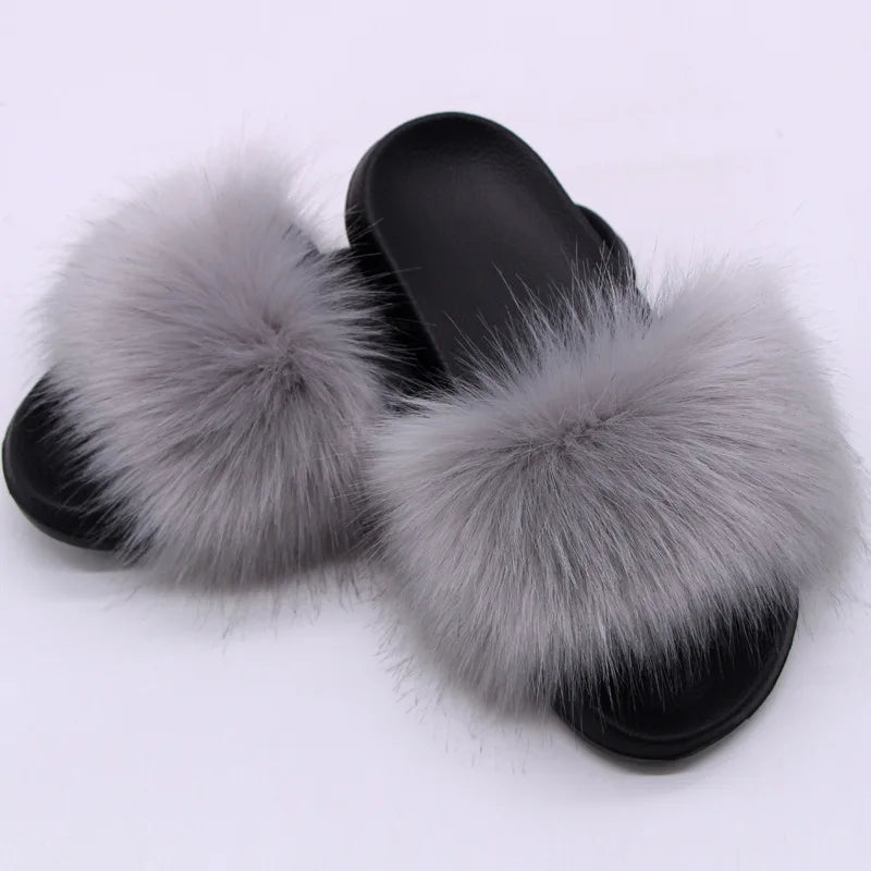 Women's  Faux Fox Fur Slides Fluffy Open Toe Slippers Indoor Outdoor Casual Flat Sandals Luxury Furry Slide Shoes for Ladies