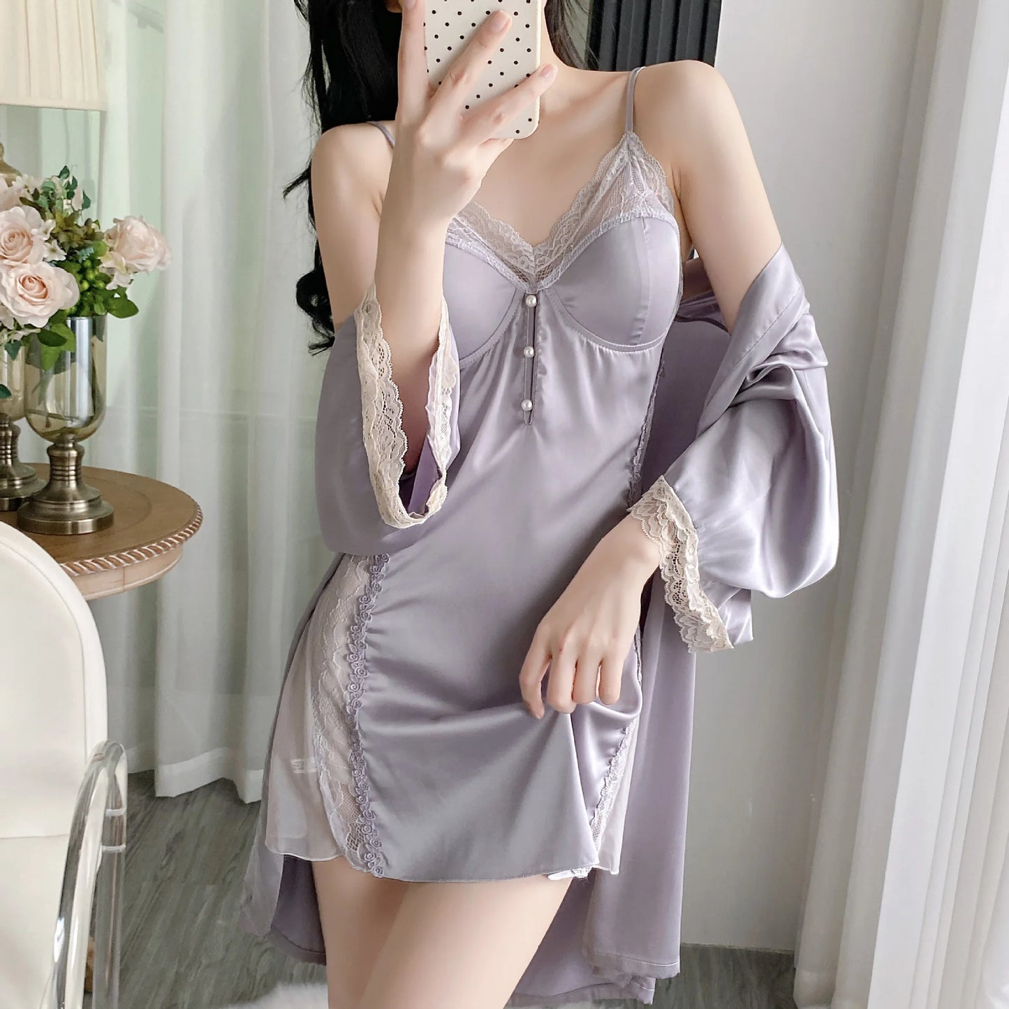 Female Nighty&Robe Set Lingerie Sexy Lace Trim Nightgown Sleepwear Spring Summer Kimono Gown Bathrobe Loose Homewear Pajama