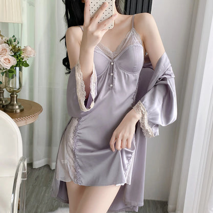 Female Nighty&Robe Set Lingerie Sexy Lace Trim Nightgown Sleepwear Spring Summer Kimono Gown Bathrobe Loose Homewear Pajama