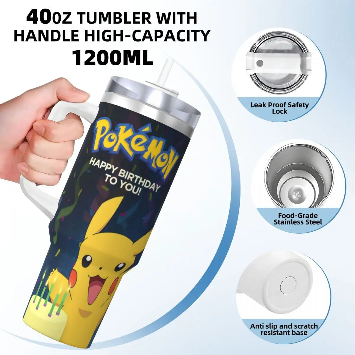 Stainless Steel Tumbler Pikachu Happy Birthday Thermal Mug Insulated Cold Drink Mugs Cup Beach Design Water Bottle