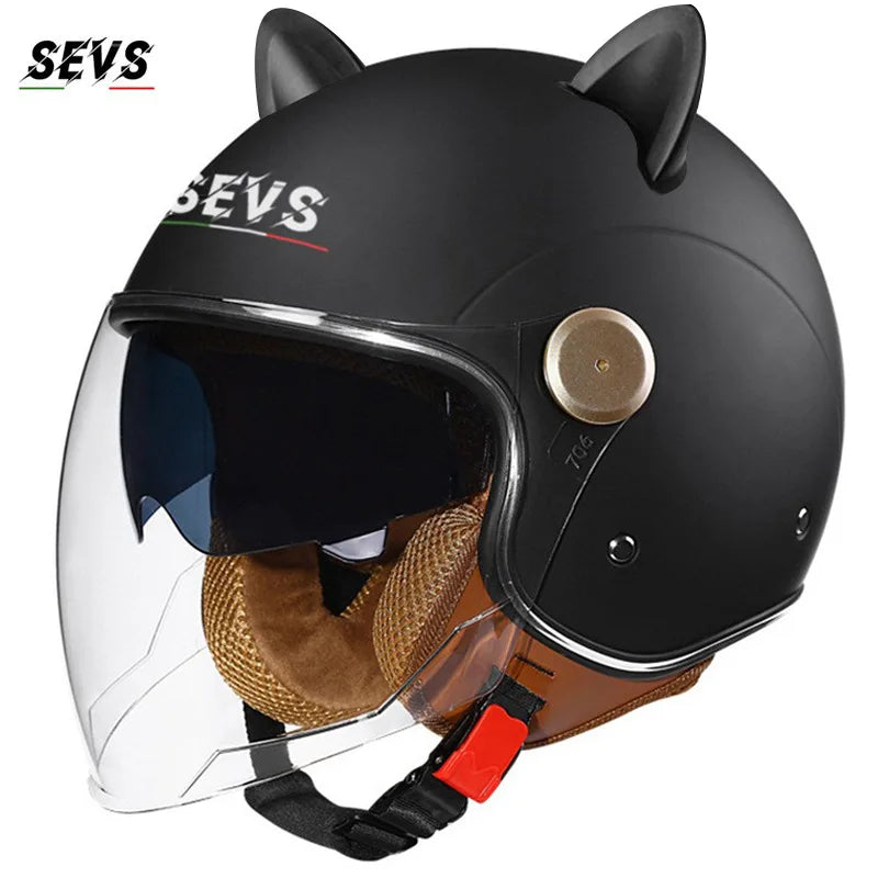 Motorcycle Helmet Retro 3C & DOT Certified Half Face ABS Helmet Dual Visor Hidden Sun Shield Removable Cute Cat Ears