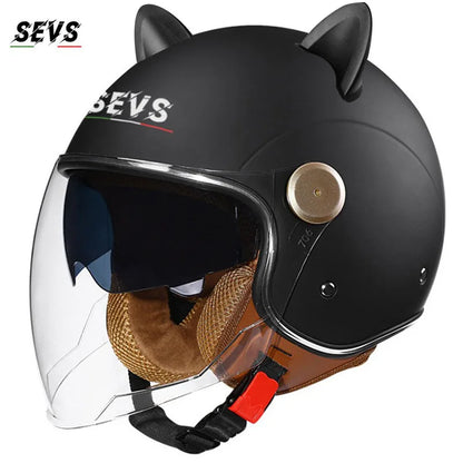 Motorcycle Helmet Retro 3C & DOT Certified Half Face ABS Helmet Dual Visor Hidden Sun Shield Removable Cute Cat Ears