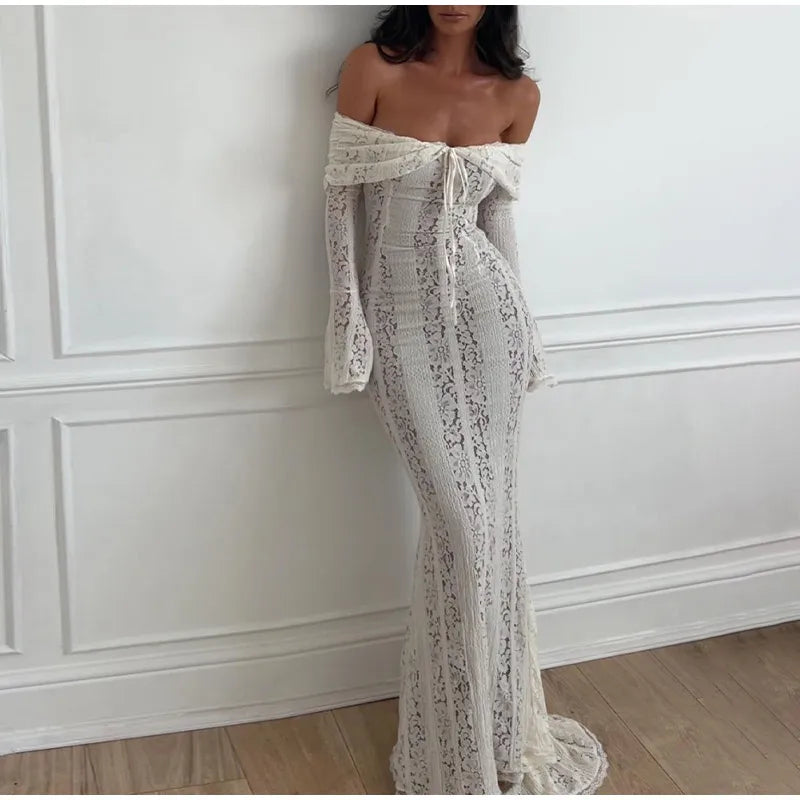 White Sexy Lace Flare Sleeve Dress Off Shoulder Slim Maxi Dresses Women 2024 Female Hollow Out Mermaid Floor Length Elegant Robe