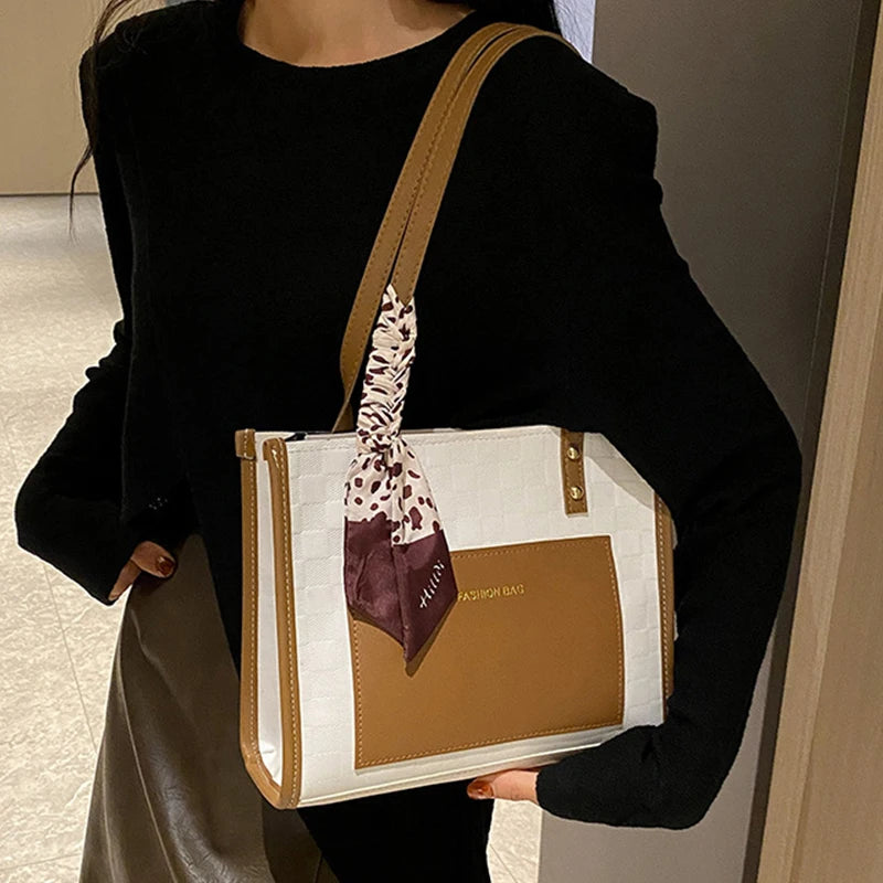 Patchwork Contrast Color Handbag Women's Casual Fashion Tote Bag Large Capacity Single Shoulder Bag Women's Silk Scarf Bag