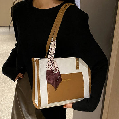 Patchwork Contrast Color Handbag Women's Casual Fashion Tote Bag Large Capacity Single Shoulder Bag Women's Silk Scarf Bag