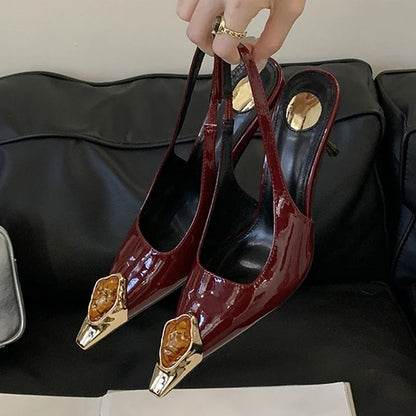 Fashion Design Inlay Gems Pointed Toe Patent Leather Sexy Slingback Sandals Women Pumps High Heels Wedding Banquet Shoes