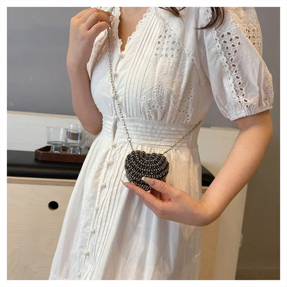 Luxury Mini Diamond Inlay Heart Shape Crystal Clutch Purse Stones Evening Wedding Party Shoulder Bag Handle Rhinestone Handbags