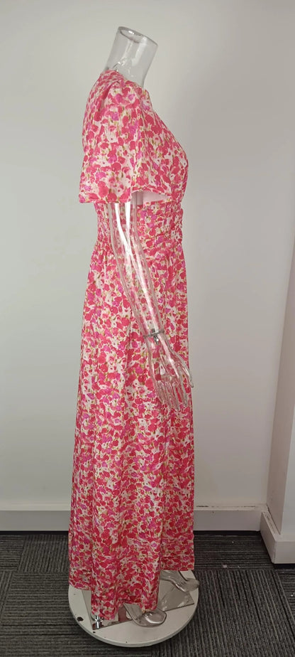 Summer Women Floral Print Casual Long Dress Fashion V Neck Short Sleeve Elegant Office Female Beach Party Maxi Dresses Robe
