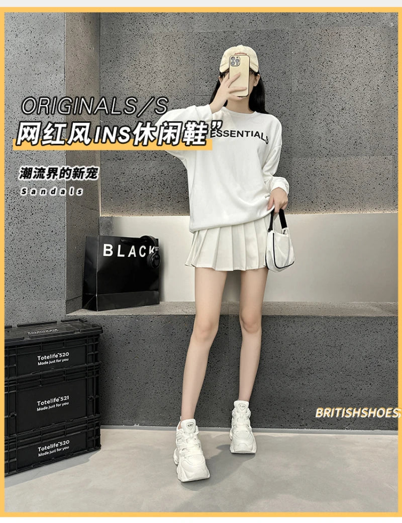 Chunky Platform Hidden Height Increasing Sneakers Casual Lace Up Shoes In White And Grey With Hollow Out Design For Streetwear