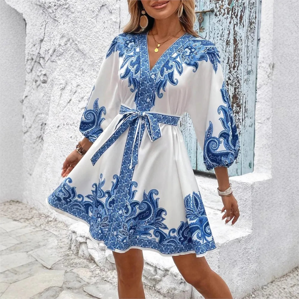 Elegant Women's Retro Printed V Neck Lantern Sleeve Dress Spring Summer Fashion Cinched Waist Lace-up Female Vacation Shortskirt