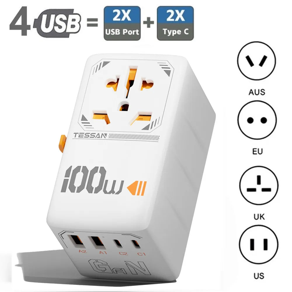 TESSAN 35W/65W/100W GaN Universal Travel Adapter with USB Ports Type C Fast Charging Power Adapter EU/UK/USA/AUS Plug for Travel