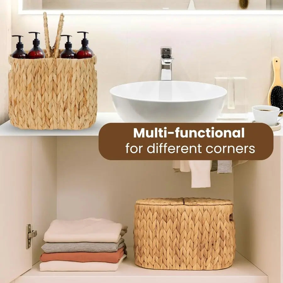Paper Basket with Lid, Woven Natural Water Hyacinth Toilet Paper Storage, Papers Container for 4 Mega Rolls, Storage Holder with