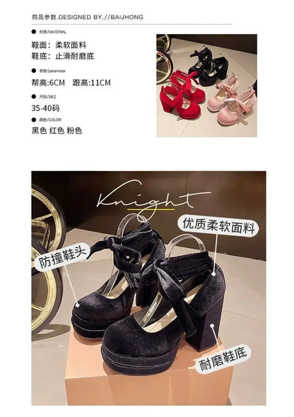 Platform Mary Janes Shoes Women Suede Luxury High Heel Lace Up Trend Lolita Shoes Elegant Chunky Party Pumps Zapatos De Mujer
