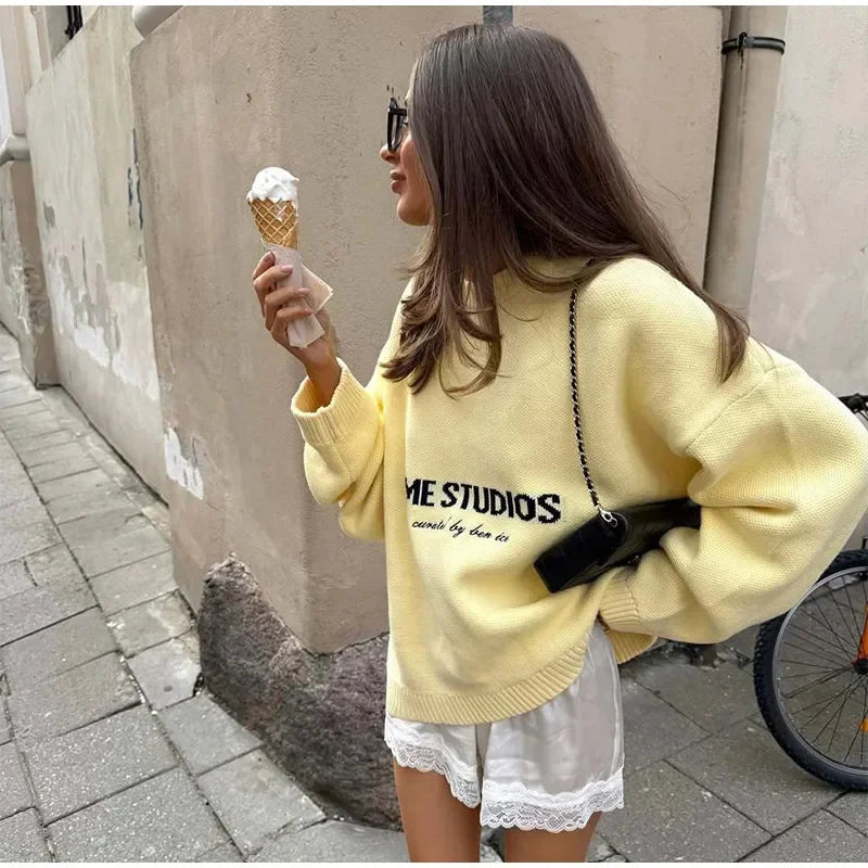 2026 EME Studio Winter Spain Version Of The Letter Printed Shirt New Unisex Loose Couple Personality Casual Fashion Sweater