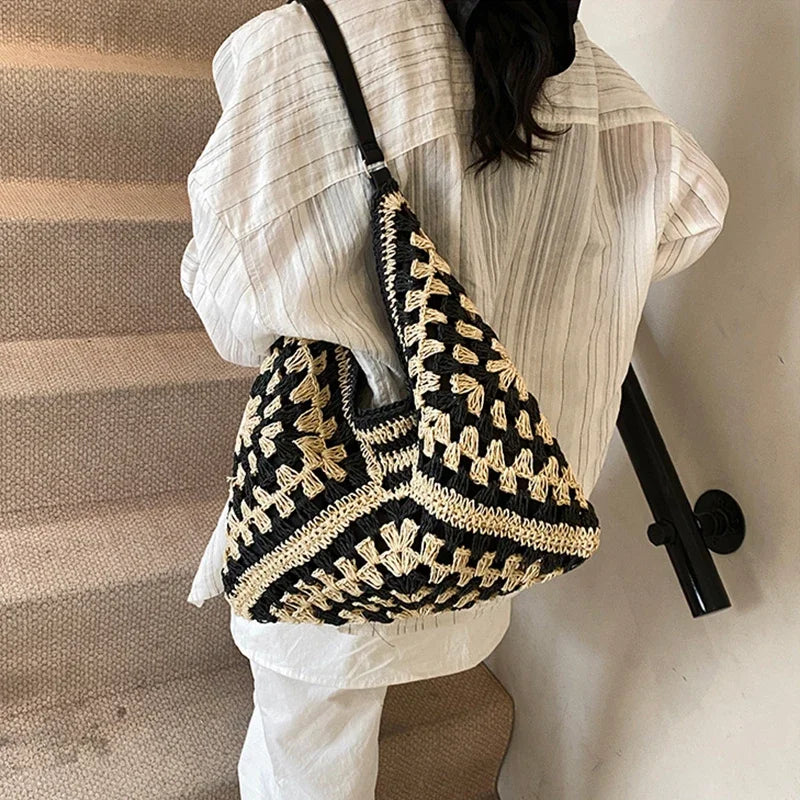Ladies Knitted Straw Handbag Hollow out Hand Woven Beach Shoulder Bag for Women Seaside Tote Perfect for Vacations