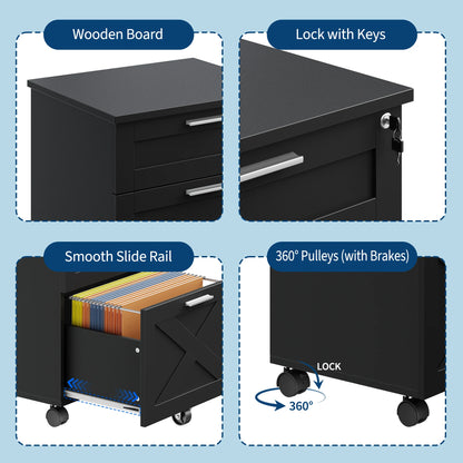 3 Drawer Rolling File Cabinet with Lock & Casters, Wooden Mobile Storage Organizer Printer Stand, Fits A4/Letter for Home Office