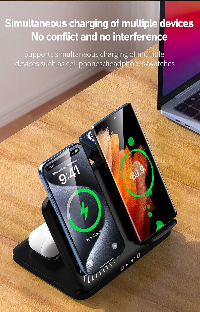 4 in 1 Dual Phone Wireless Charger Stand Magnetic Fast Charging For iPhone 17~12 Samsung S25 Xiaomi Airpods Pro Apple Watch 11~2