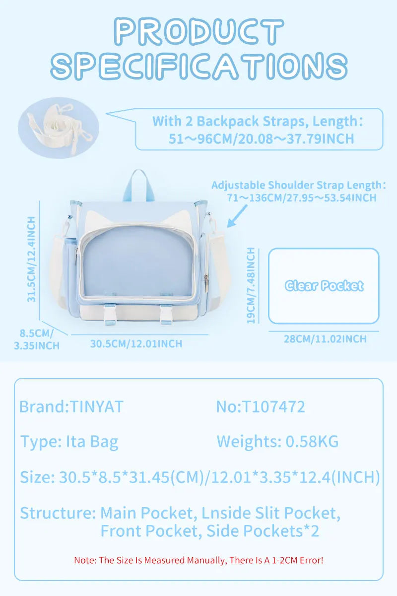 TINYAT Y2K Ita Bag Girl School Backpack Waterproof Transparent Shoulder Bag Women's Crossbody Bag DlY Display Cute Cat Ear