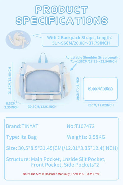 TINYAT Y2K Ita Bag Girl School Backpack Waterproof Transparent Shoulder Bag Women's Crossbody Bag DlY Display Cute Cat Ear