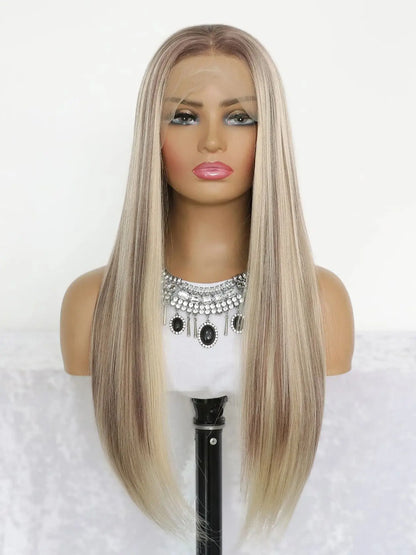 Highlight Brown Synthetic Lace Wigs for Women 13x4 Lace Front Wig  Pre Plucked 24 Inch Straight Lace Frontal Wigs Blonde Daily