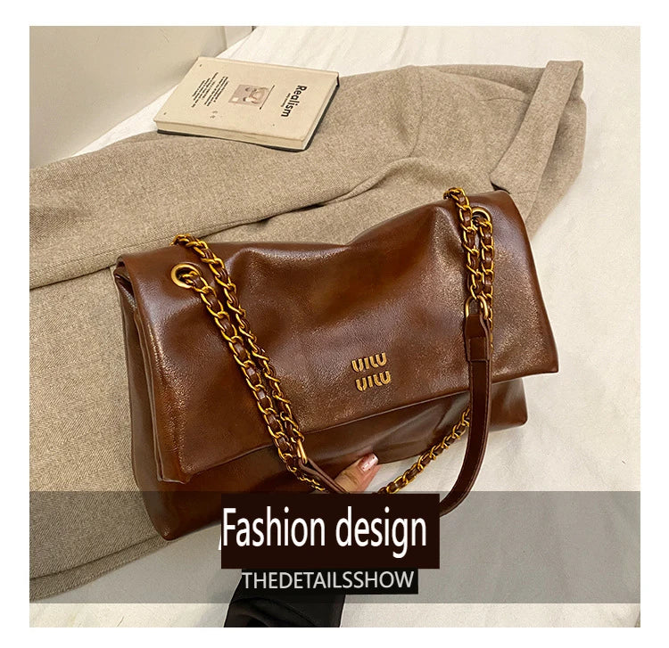 2025 Women‘s Bag Retro PU Leather Underarm Bag autumn and winter Large capacity Commuting Folded Chain Shoulder Bucket Tote Bag