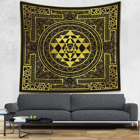 Vintage Black Gold Mandala Tapestry, Traditional Sri Yantra with Ornate Border Print Wall Hanging, Great For Yoga & Calm Space
