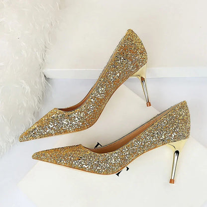 Women Luxury Bling Red  Blue Valentine Party Scarpins Pumps Lady Glitter Sequins 7cm 9.5cm High Heels Designer Shoes Plus Size
