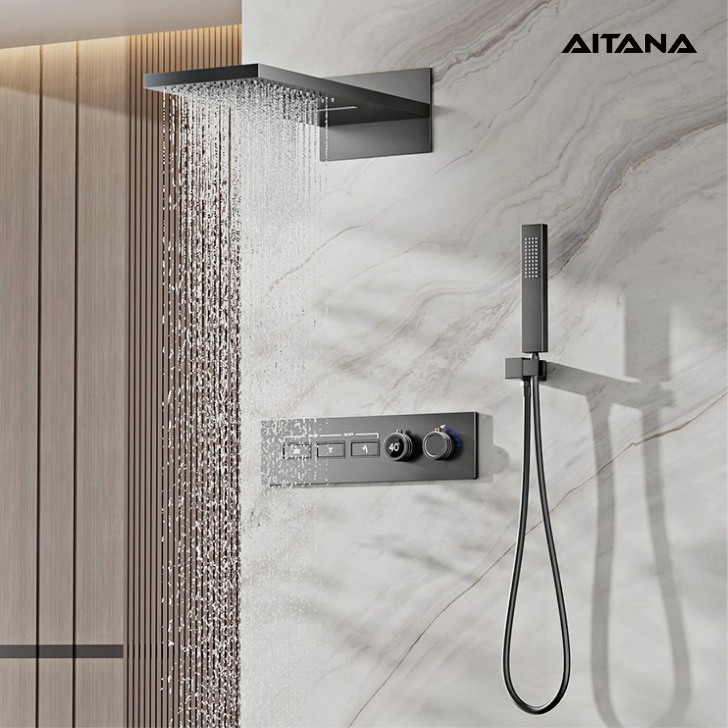 Luxury brass gun gray wall mounted shower system, wall mounted design with constant temperature LED digital display bathroom Tap