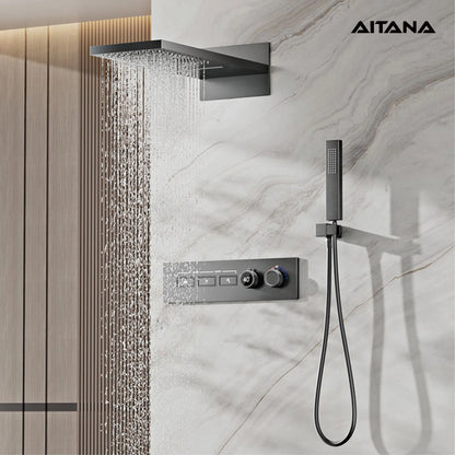 Luxury brass gun gray wall mounted shower system, wall mounted design with constant temperature LED digital display bathroom Tap