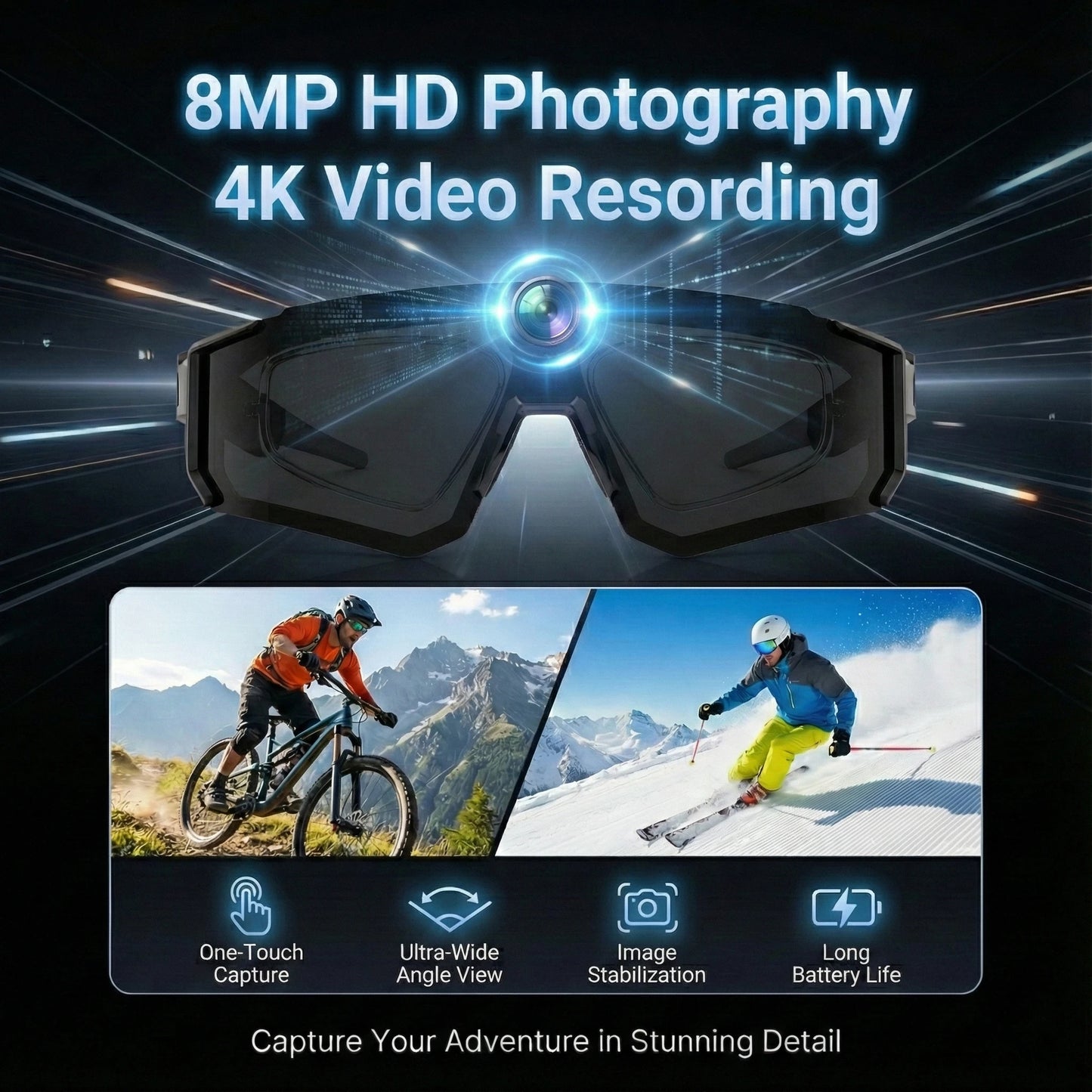 Smart Video Sunglasses 1200P 30fps Action Camera 32GB WiFi App Transfer Dual Anti-Shake AI Object Identify Fast Charge Glasses