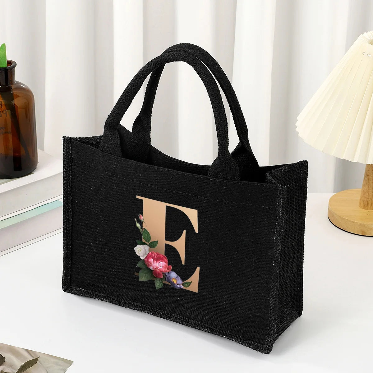 Black hand-held canvas bag, 26 letter printed women's handbag, large capacity portable leisure beach bag, indoor waterproof