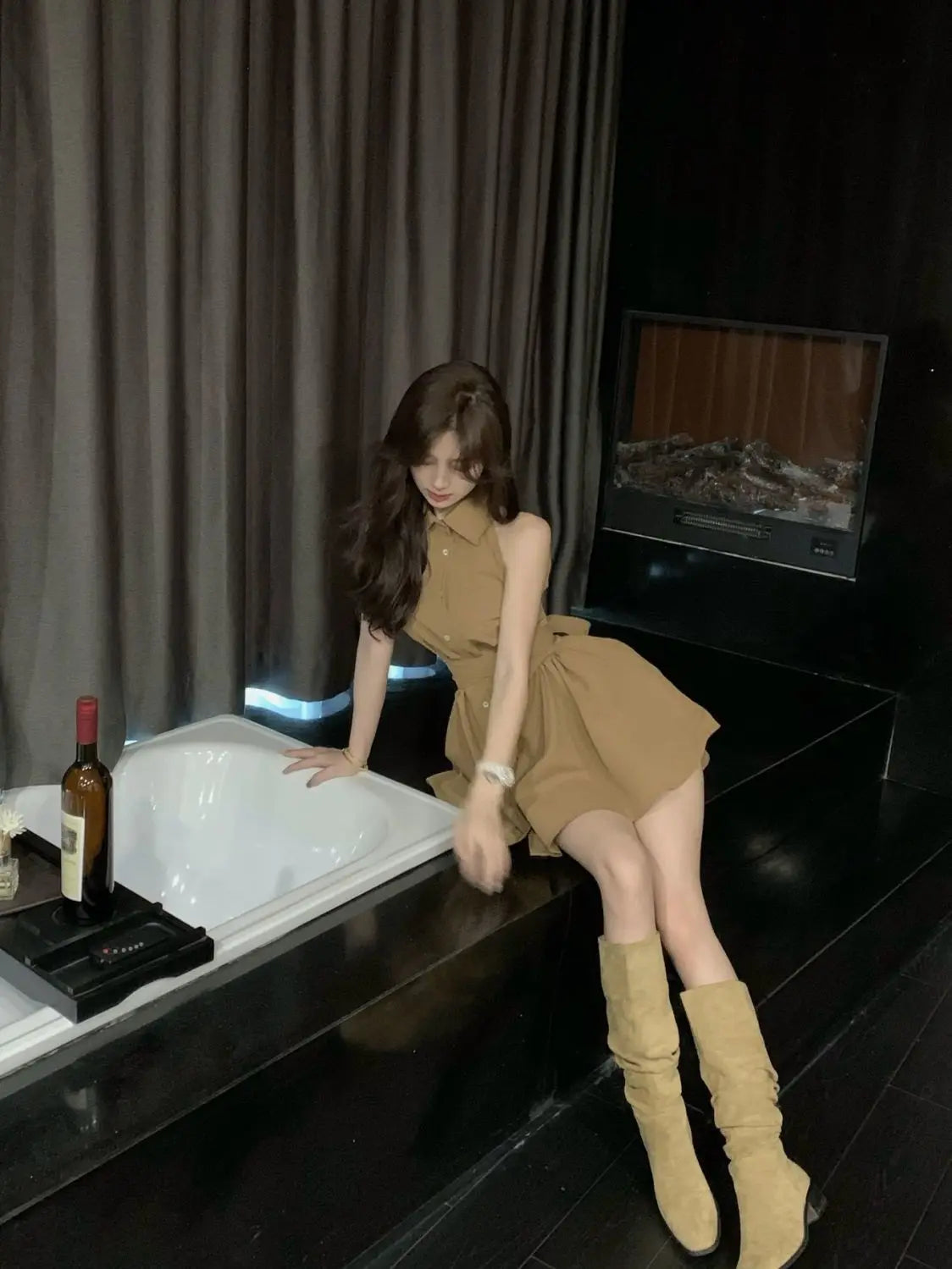 Sleeveless Dresses Women Bow Lace-up Turn-down Collar Mini High Street A-line Hotsweet Partywear Korean Fashion Vestidos Ins