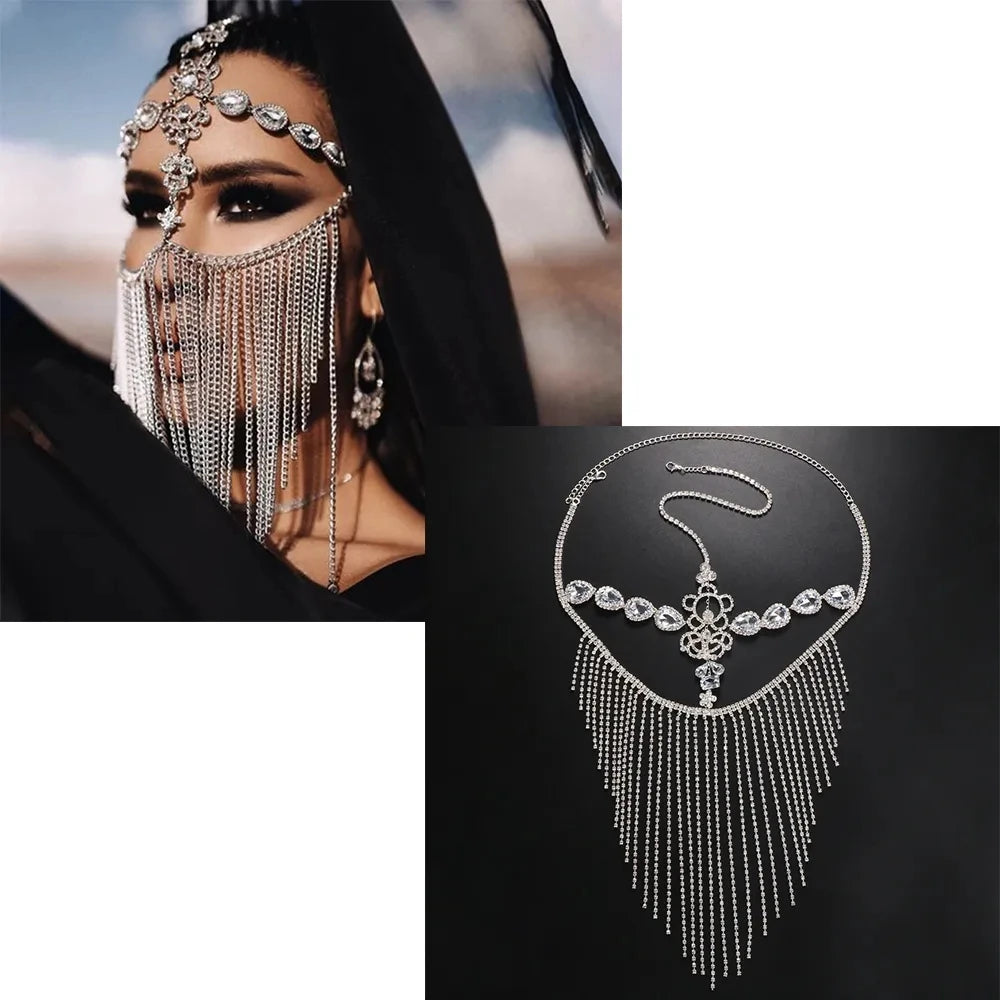 Charms Sexy Rhinestone Tassel Masquerade Face Jewelry For Women Facial Accessories Banquet Party Mask Full Face Chain Decoration