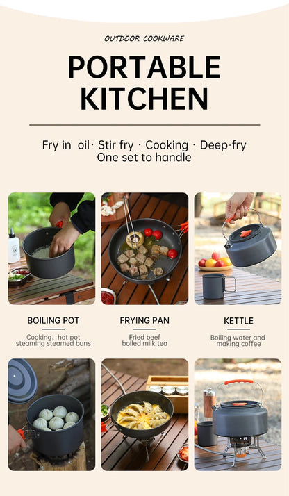 Camping Cooking Set, Outdoor Kitchenware Set, Aluminum Portable Tableware Kitchenware POTS Bowls Kettles Hiking Picnic Equipment