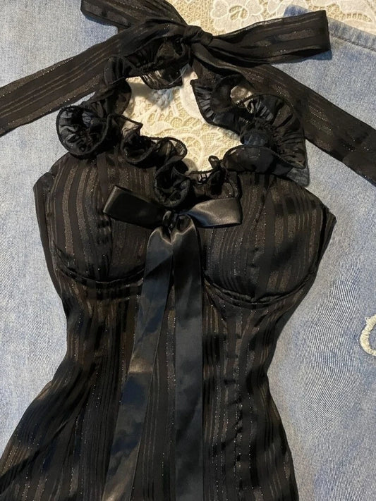 French Pure Desire Sexy Lace-up Vest Women Bow Sling Millennium Sweet Spice Girl Y2k Tops New Retro Hot Chick Aesthetic Clothing